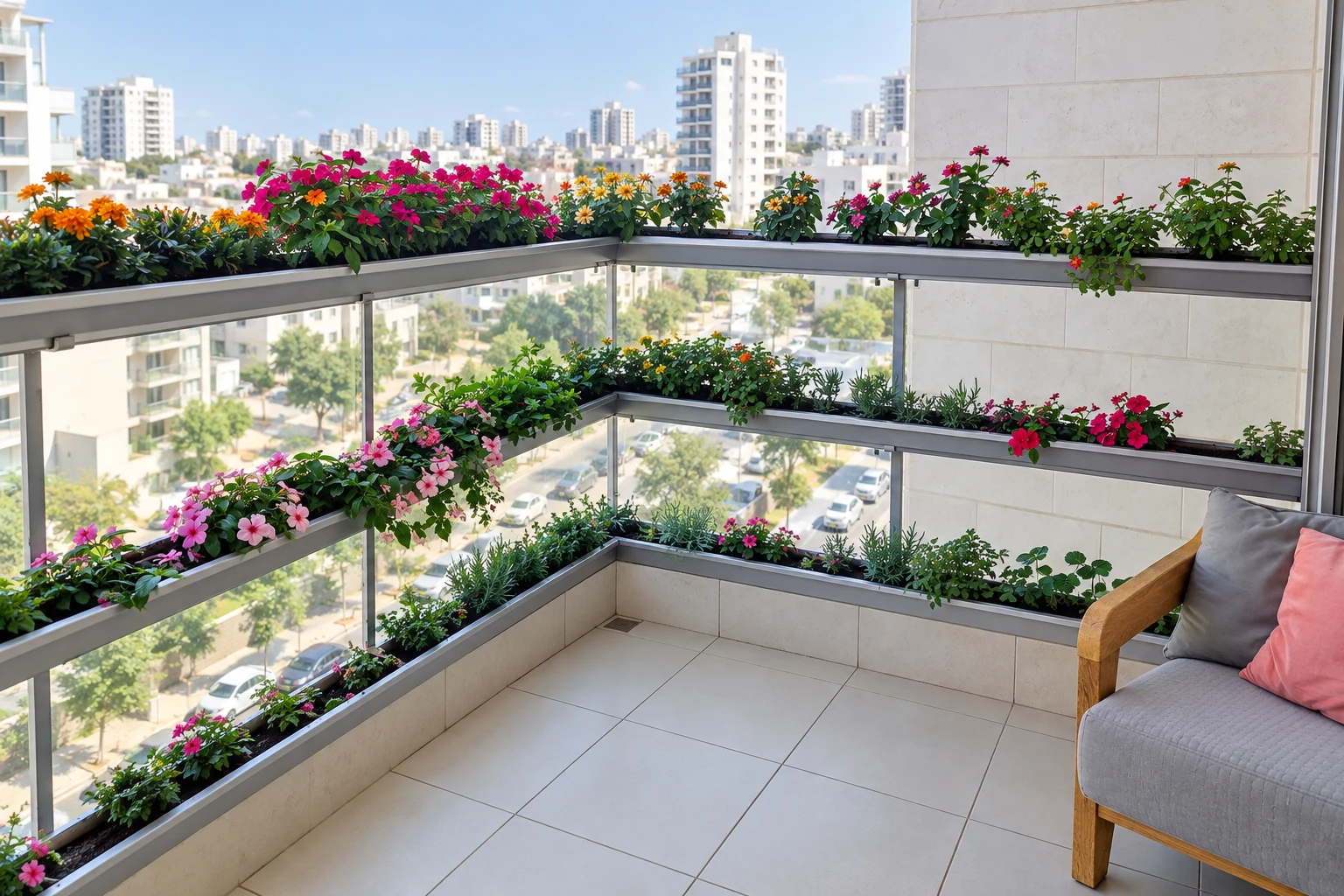 אדניות פורחות לאורך מעקה סביב פינת ישיבה במרפסת